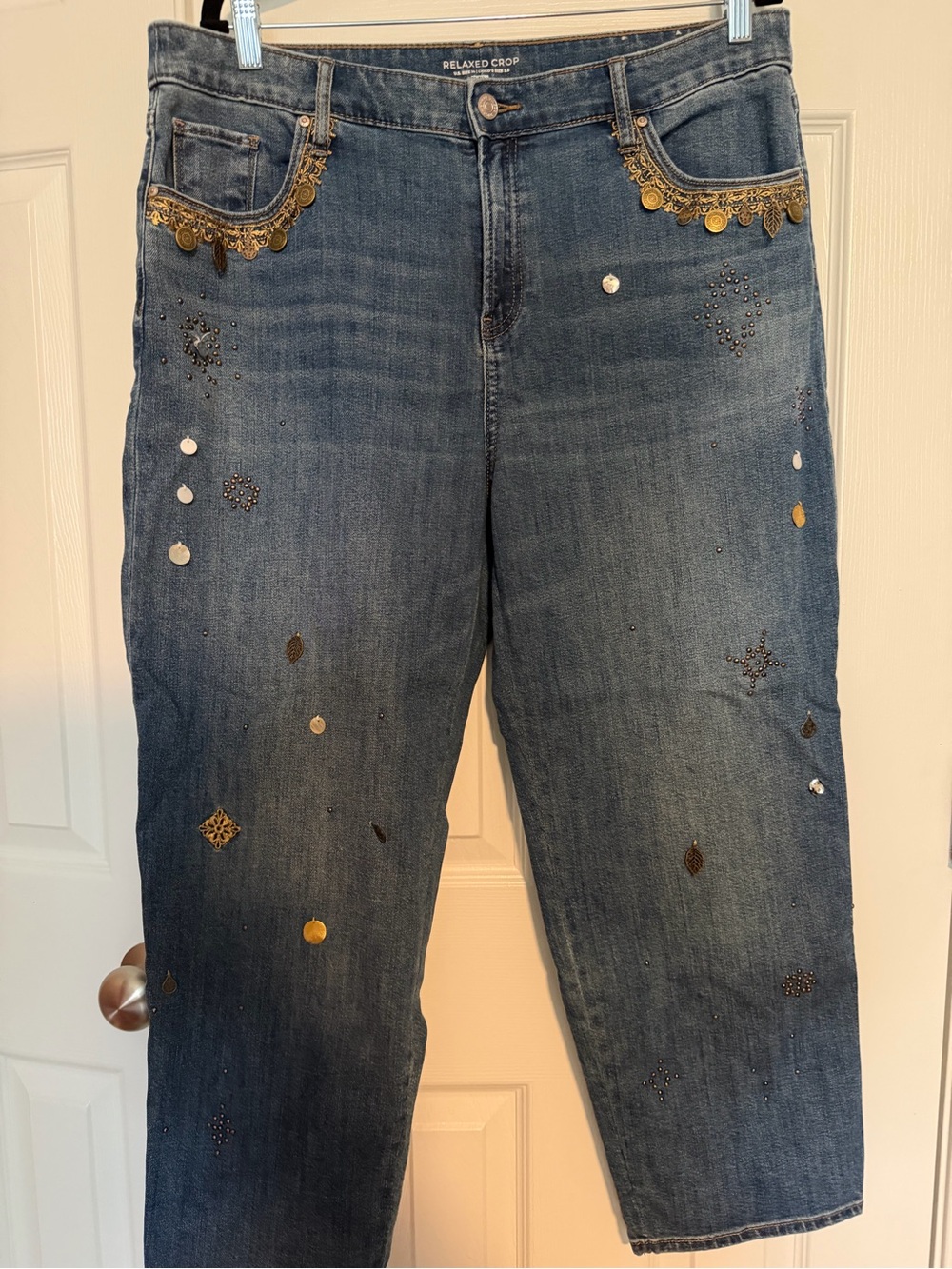 Chico's Blue Cropped Jeans with Gold Coin Trim and Studs
